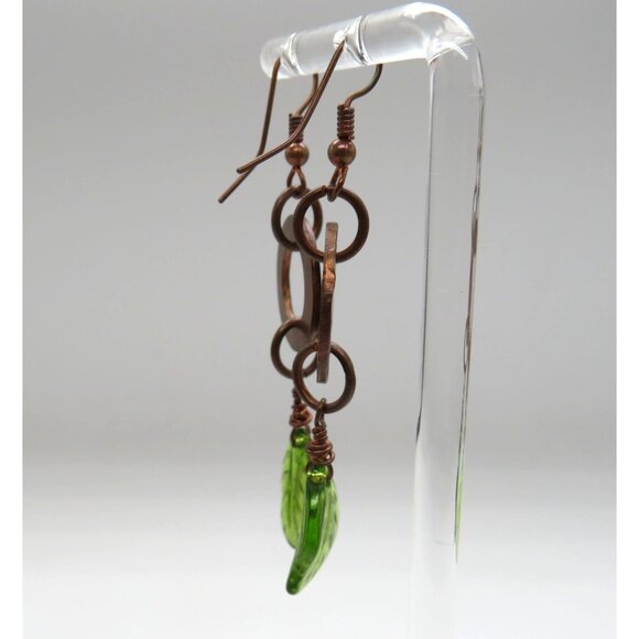 Handcrafted Earrings Hammered Copper Circle Green Leaf Lucite Dangle Pierced - Picture 4 of 9